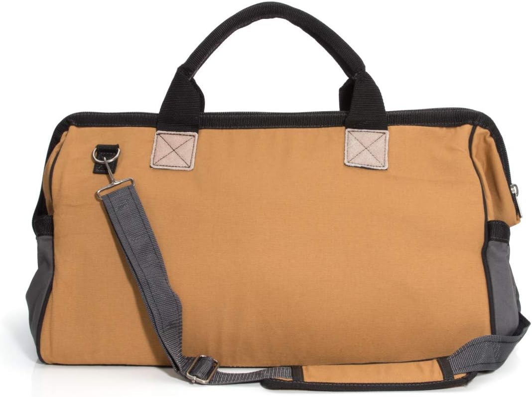Dickies 57033 20-Inch Durable Canvas Work Bag for Painters, Carpenters, and Builders, Heavy-Duty Zipper, Reinforced Handles, Exterior Pockets, Shoulder Strap, Tan/Grey - Image 2