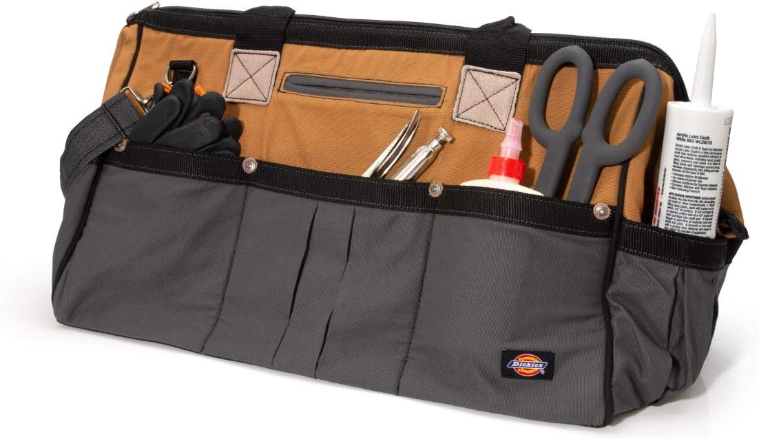 Dickies 57033 20-Inch Durable Canvas Work Bag for Painters, Carpenters, and Builders, Heavy-Duty Zipper, Reinforced Handles, Exterior Pockets, Shoulder Strap, Tan/Grey - Image 3