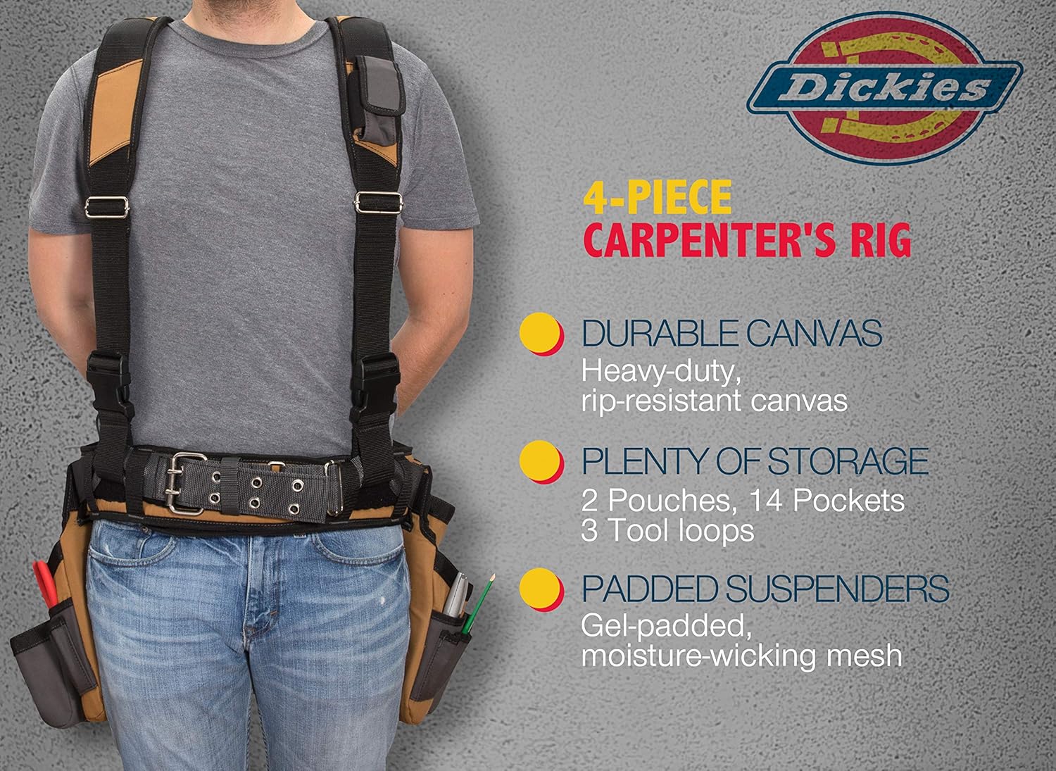 Dickies 57077 4-Piece Carpenter's Work Rig, Padded Tool Belt Suspenders, Cooling Mesh, Leather Tool Belt, Steel Buckle - Image 6