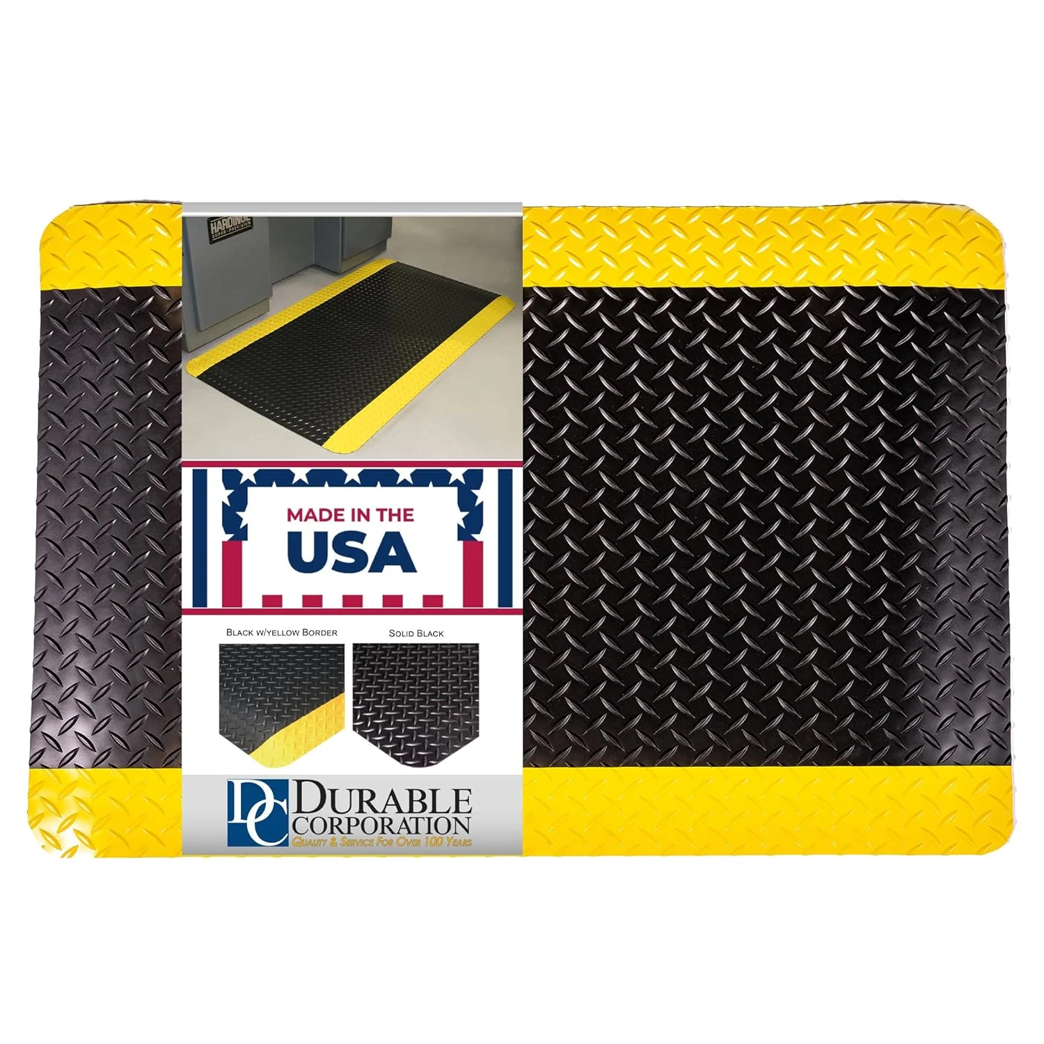 Durable Corporation-442S35BKY Vinyl Diamond-Dek Sponge Industrial Anti-Fgue Floor Mat, 3' x 5', Black with Yellow Border 60"L x 36"W x 0.6"Th Mat - Image 2