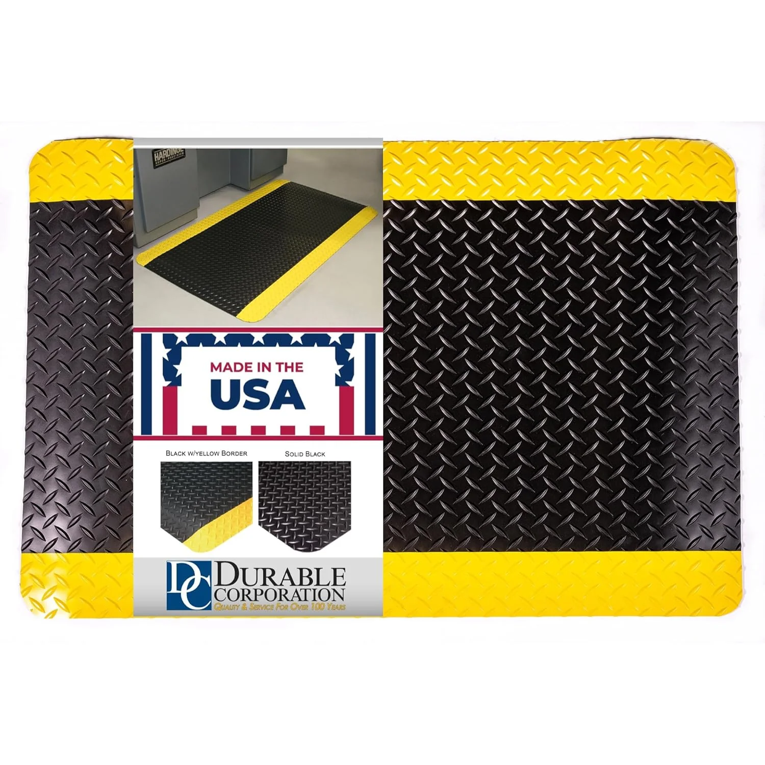 Vinyl Heavy Duty Diamond-Dek Sponge Industrial Anti-Fatigue Floor Mat, 3' x 5', Black with Yellow Border 3' x 5' Solid - Image 2