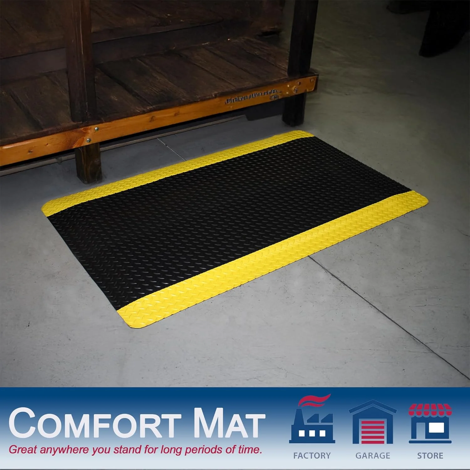Vinyl Heavy Duty Diamond-Dek Sponge Industrial Anti-Fatigue Floor Mat, 3' x 5', Black with Yellow Border 3' x 5' Solid - Image 4