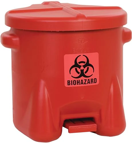 Eagle 10 Gallon Biohazard Trash Can with Foot-Operated Self-Closing Lid, 22" x 18" x 18", Made in The USA from High-Density Polyethylene, Red, 945BIO