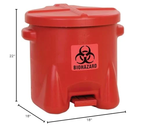 Eagle 10 Gallon Biohazard Trash Can with Foot-Operated Self-Closing Lid, 22" x 18" x 18", Made in The USA from High-Density Polyethylene, Red, 945BIO - Image 3