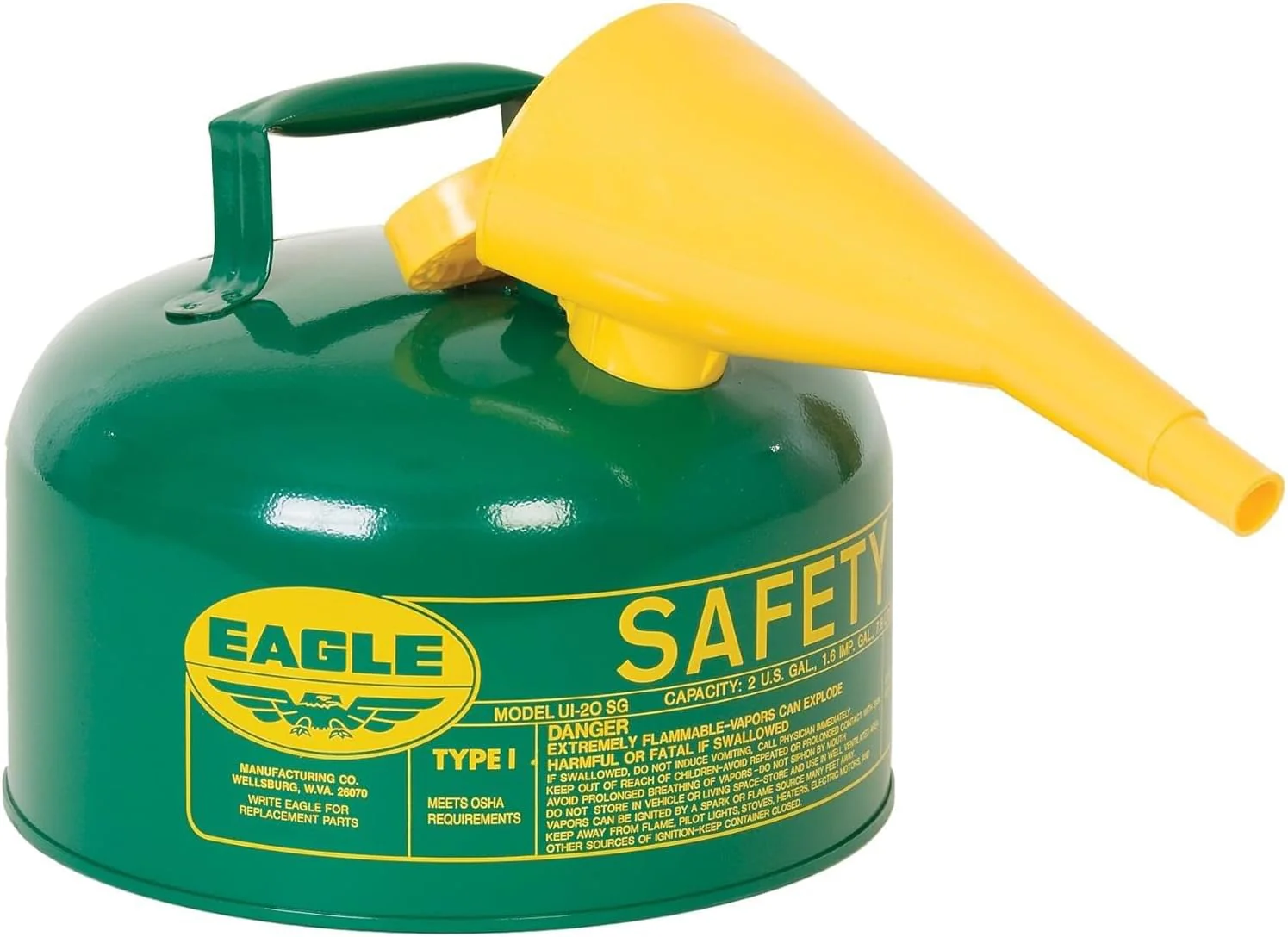 Eagle 2 Gallon Type I Green Safety Gas Can for Oil and Other Combustibles with Flame Arrester, Self-Closing Lid, and F-15 Funnel, Made in the USA, Galvanized Steel Flammable Storage Can, UI20FSG - Image 2