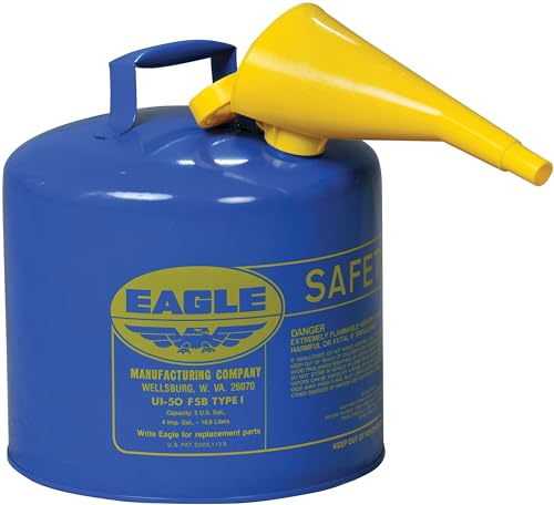 Eagle 5 Gallon Type I Blue Safety Gas Can for Kerosene with Flame Arrester, Self-Closing Lid, and F-15 Funnel, Made in the USA, Galvanized Steel Flammable Storage Can, UI50FSB