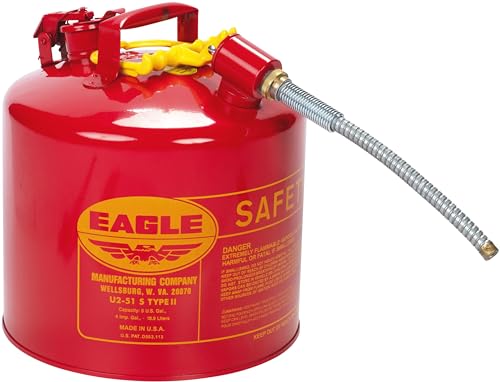 Eagle 5 Gallon Type II Red Safety Gas Can for Gasoline with Flame Arrester, Self-Closing Lid, and 12" x 5/8" Flexible Metal Hose, Made in the USA, Galvanized Steel Flammable Storage Can, U251SX5