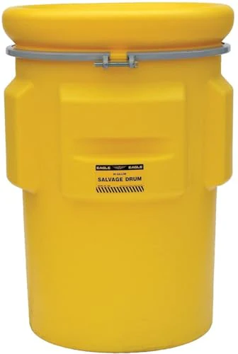Eagle 95 Gallon Plastic Drum with Lid, Metal Bolt Ring, 44.4"x31", Salvage Drum Made of Durable, Lightweight HDPE, Withstands Weather and Chemicals, Made in USA, Yellow, 1695 - Image 3