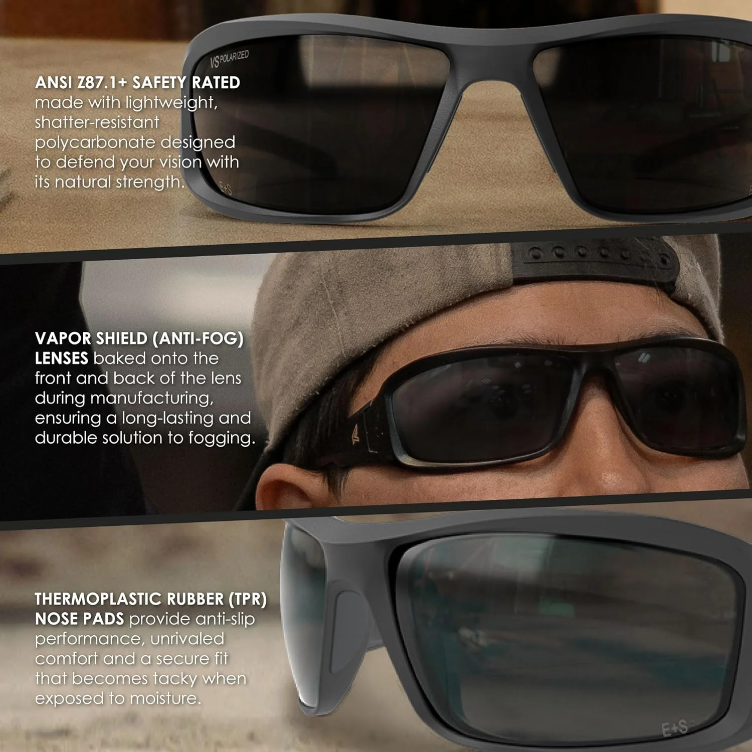 EDGE Brazeau Safety Glasses, Polarized Lenses, Non-Slip, Impact/Scratch Resistant, 99.9% UV Protect, ANSI Z87 Rated (Black, Polarized Smoke Vapor Shield) - Image 3