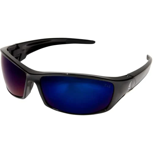 Edge Eyewear SR118 Reclus Wrap-Around Safety Glasses, Anti-Scratch, Non-Slip, UV 400, Military Grade, ANSI/ISEA & MCEPS Compliant, 5.04" Wide, Black Frame/Blue Mirror Lens, One Size