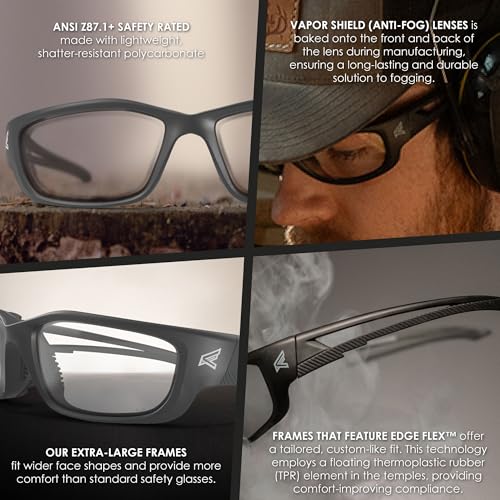 EDGE SK-XL111VS Kazbek XL Wrap-Around Safety Glasses, Anti-Scratch, Non-Slip, UV 400, Military Grade, ANSI/ISEA & MCEPS Compliant, XL Wide Fit, Black Frame/Clear Lens - Image 5