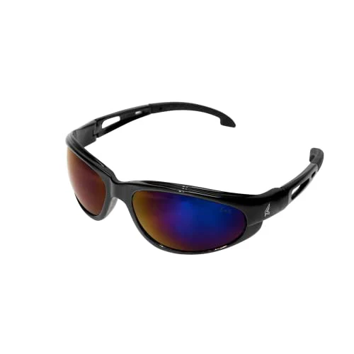 Edge SW118 Dakura Wrap-Around Safety Glasses, Anti-Scratch, Non-Slip, UV 400, Military Grade, ANSI/ISEA & MCEPS Compliant, 5.04" Wide, Black Frame / Blue Mirror Lens