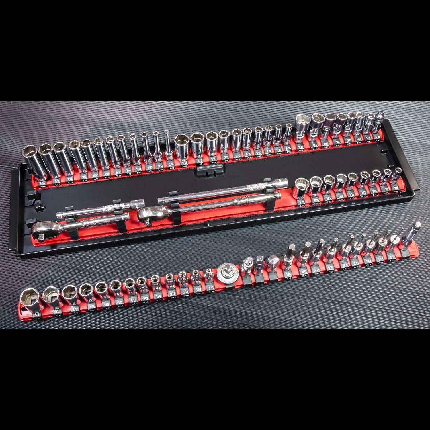 Ernst 18-Inch Socket Organizer 3 Rail Socket Boss (8451) - Toolbox Socket Organization Tray - SAE & Metric Socket Storage, 57 Twist-Lock Clips for 1/4-inch, 3/8-inch, & 1/2-inch Socket Sets, Blue, USA - Image 5