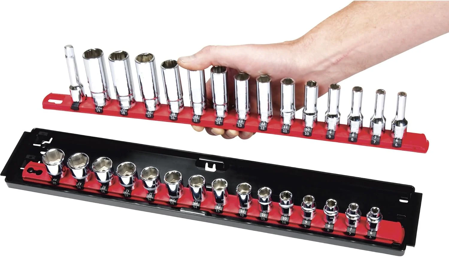 Ernst Manufacturing 18-Inch Socket Boss 2-Rail 1/2-Inch-Drive Socket Organizer with Twist Lock Secure Hold and Toolbox Drawer Tray, Red - Made in USA - Image 3
