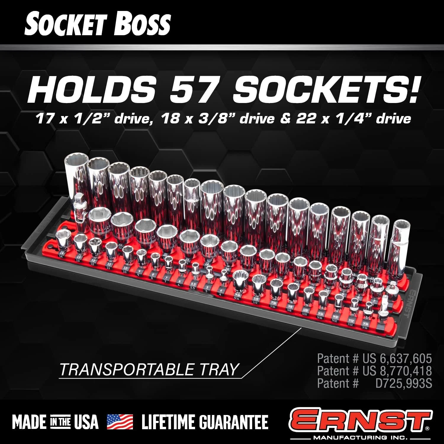 Ernst Manufacturing 18-Inch Socket Boss - Premium 3-Rail Multi-Drive (1/4", 3/8", 1/2") Socket Organizers w Twist Lock Clips, Socket Set Holder for 57 Tools - SAE & Metric - Red (8450) - Made in USA - Image 5