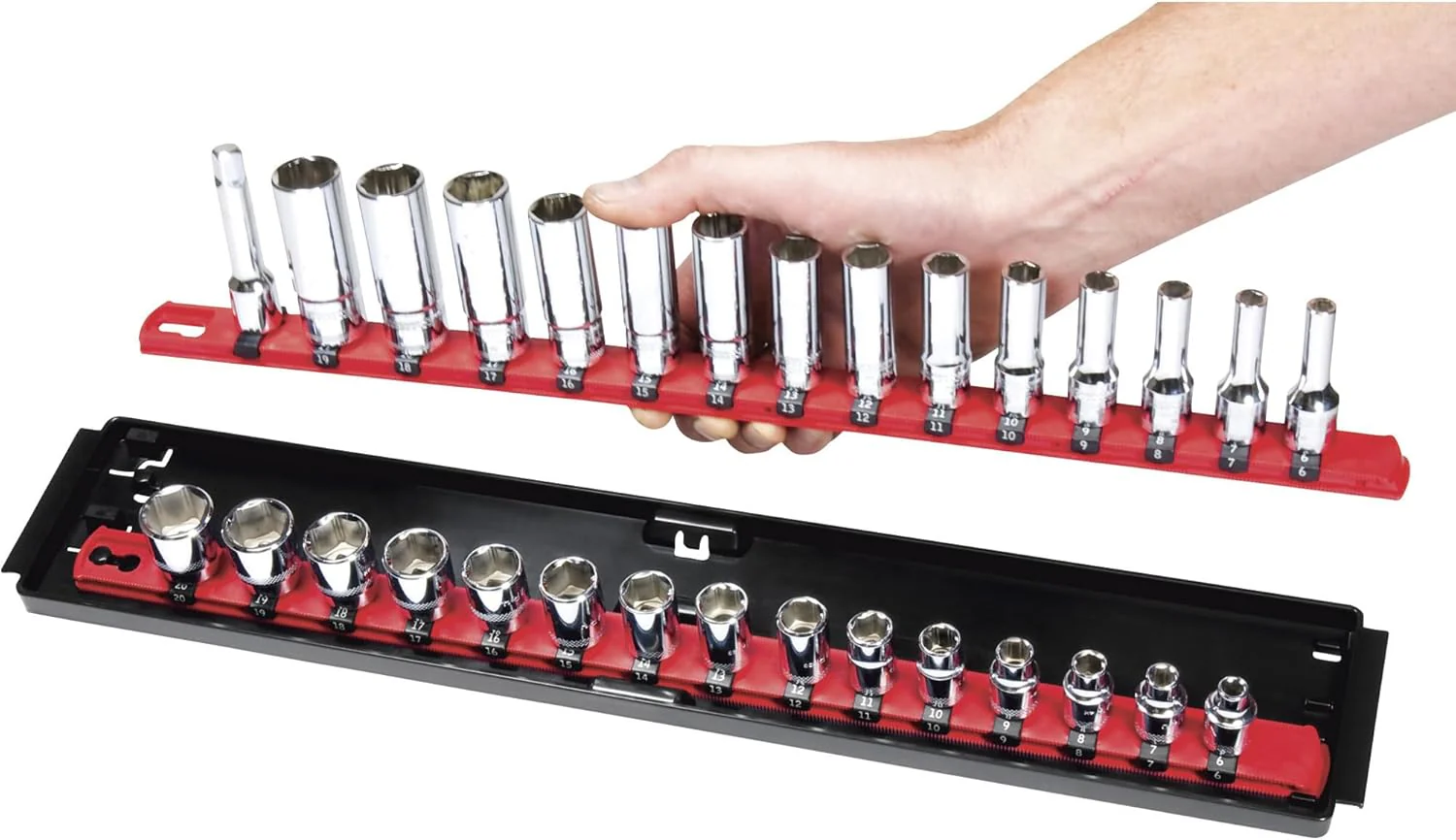 Ernst Manufacturing - 8453 Socket Boss 2-Rail 3/8-Inch-Drive Socket Organizer, 19-Inch, Red - Socket Storage Tray and Organization System for Mechanics and Automotive Service Technicians - Made in USA 19-INCH 3/8" Red - Image 9