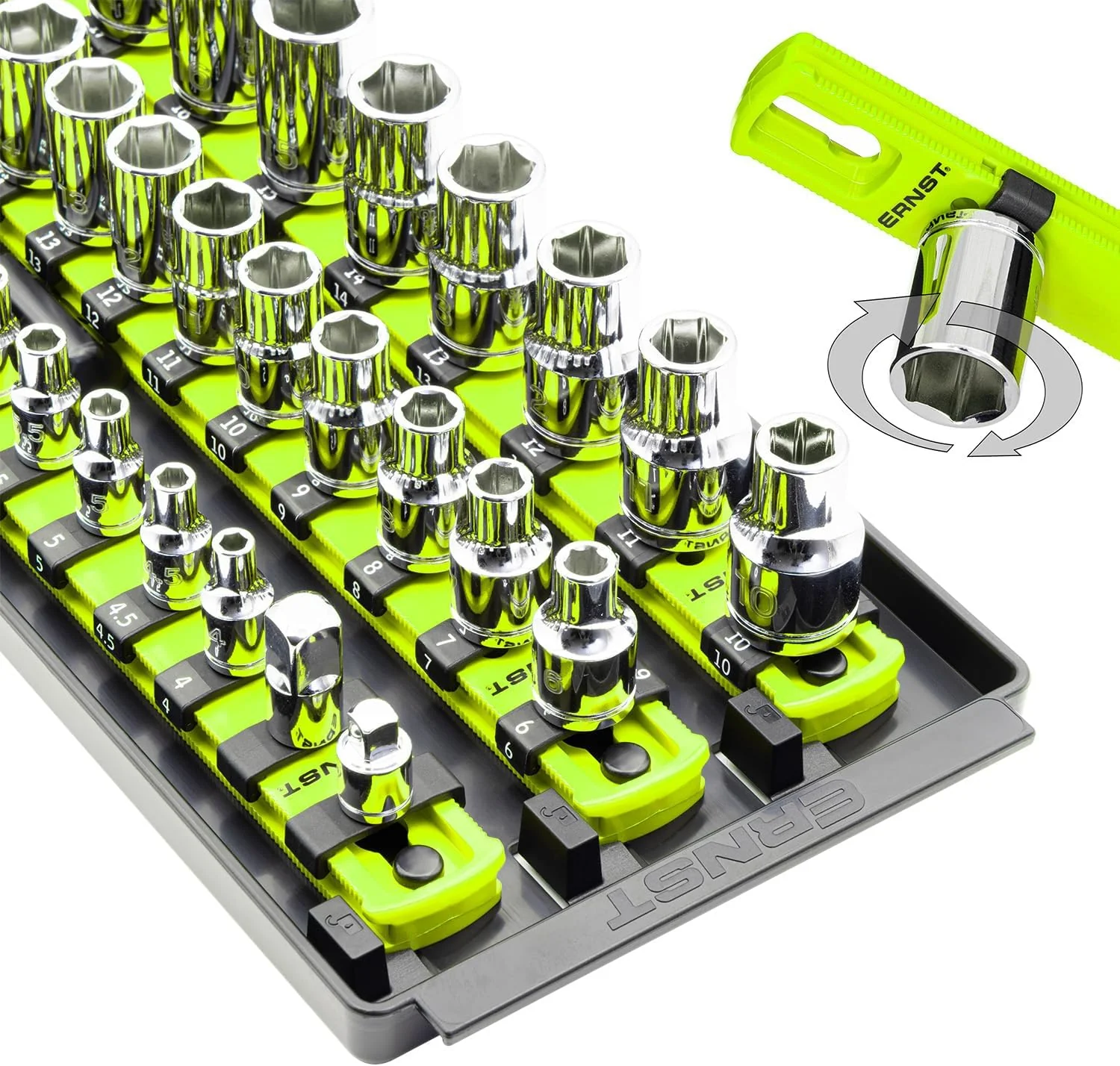 Ernst Manufacturing 8460HV Socket Boss 3-Rail Multi-Drive Socket Rail Organizer with Tray, 18-Inch, High-Visibility - Made in USA - Image 2