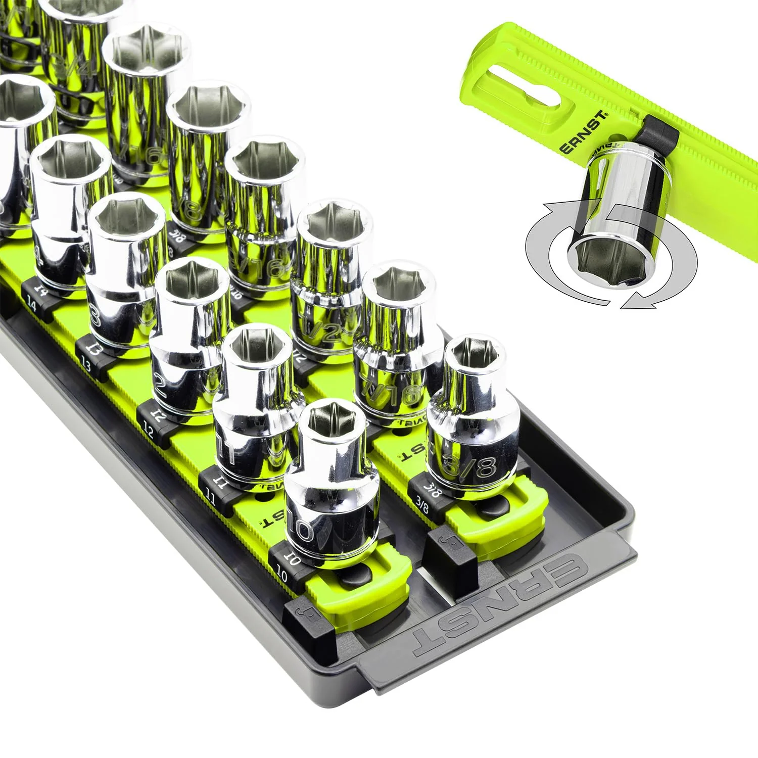 Ernst Manufacturing 8469HV 13-Inch Socket Boss, Premium 2-Rail 1/2-Inch-Drive Socket Organizer, High Visibility - Made in the USA