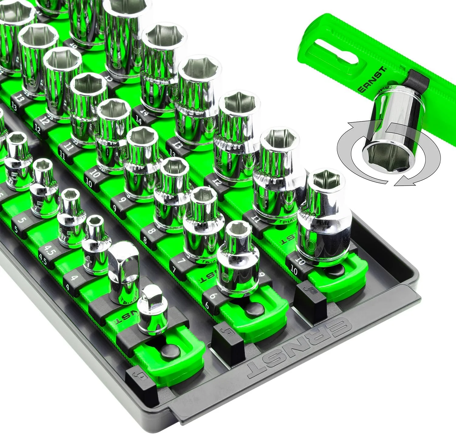 Ernst Manufacturing 8481 Socket Boss 3-Rail Multi-Drive Socket Holder Tray for Toolbox, Twist-Lock Secures Sockets, Green, Socket Holder Socket Clips for SAE, Metric Socket Sets - Made in USA - Image 2