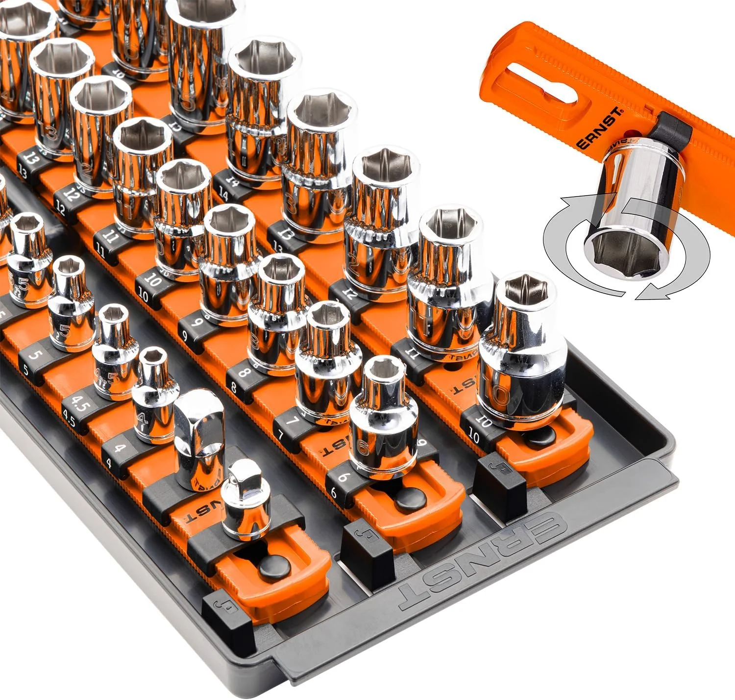 Ernst Manufacturing 8482 Socket Boss 3-Rail Multi-Drive Socket Organizer, 18-Inch Socket Rails with Twist-Lock Secure Storage, Orange - Made in USA 18-Inch Orange - Image 2