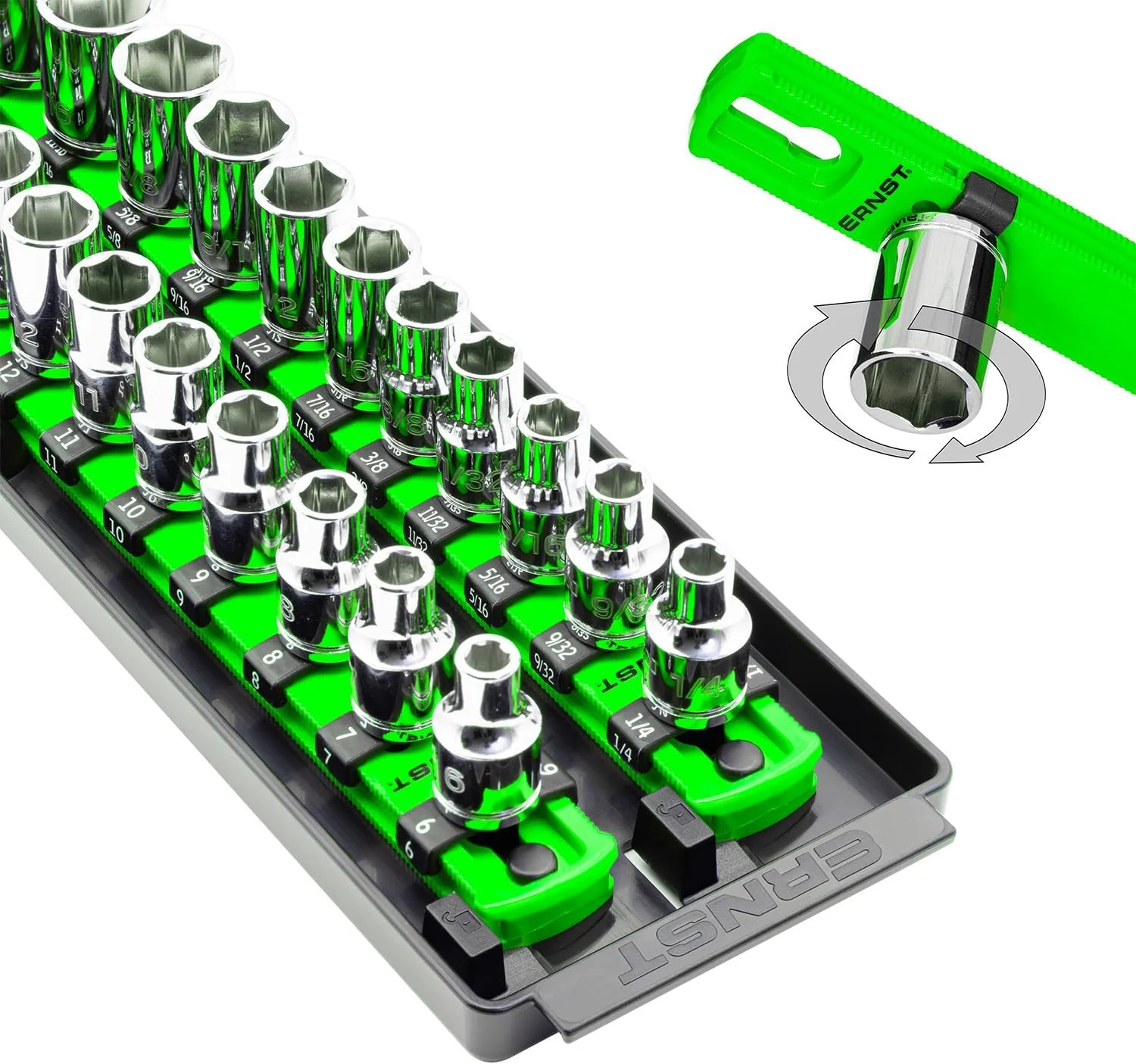 Ernst Manufacturing 8485 Socket Boss, Premium 2-Rail Twist Lock Socket Organizer, 3/8 Inch-Drive, 18-Inch, Green - Made in USA - Image 2