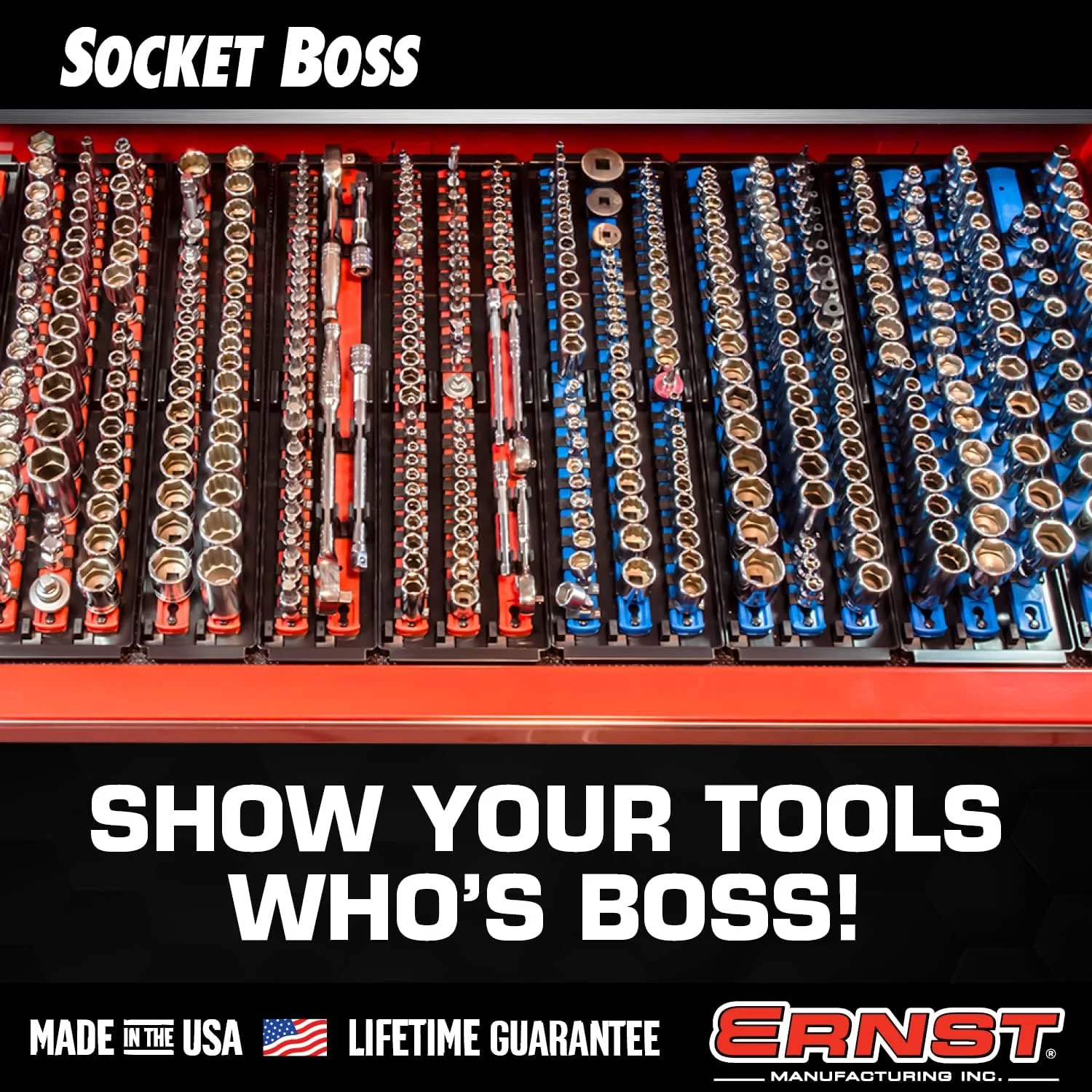 Ernst Manufacturing 8491 Socket Boss Multi-Drive Socket Organizer Tray with 13” Socket Rails, Blue – Drive Socket Storage Tray for Automotive Service Technician’s Toolbox - Made in USA 13-Inch Blue - Image 8