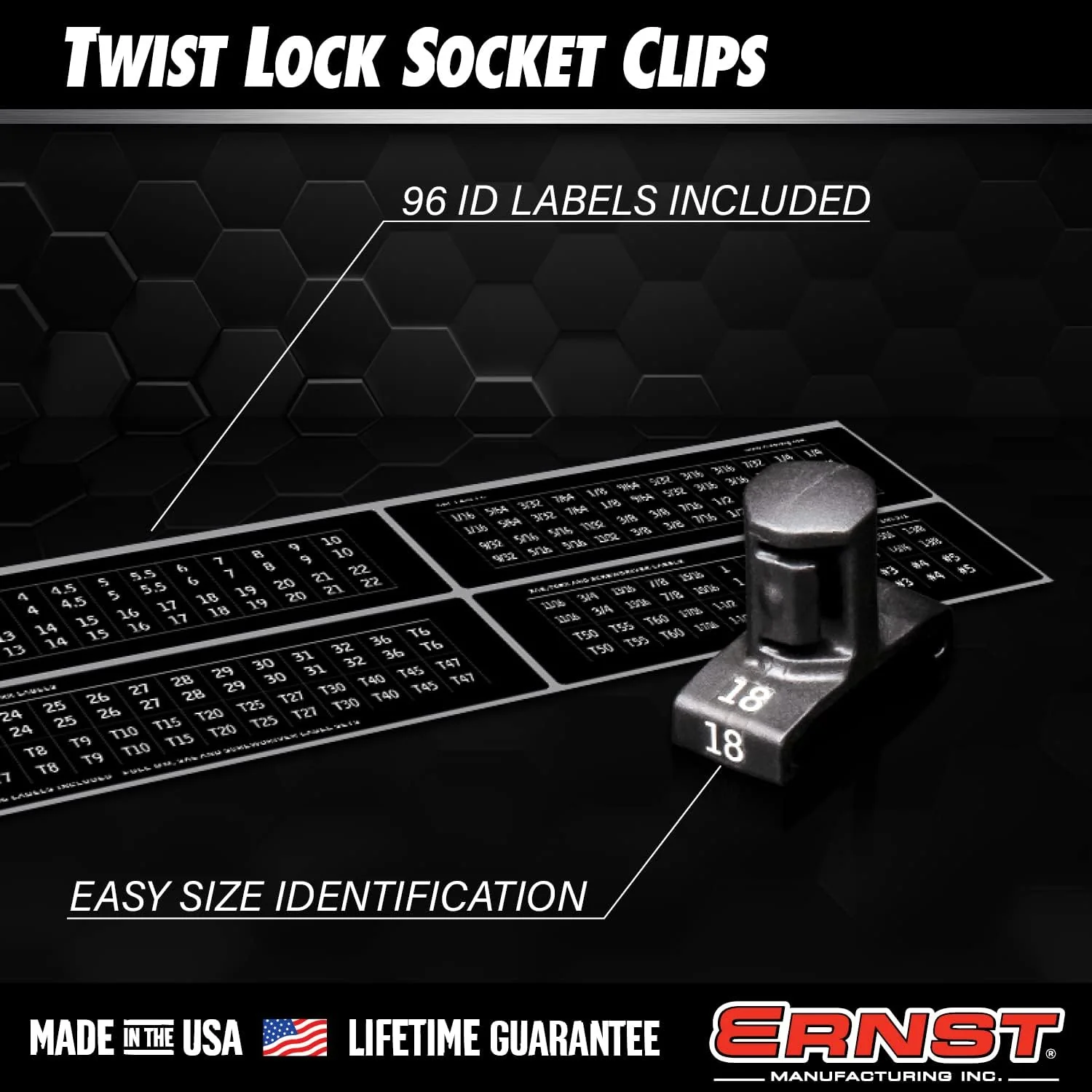 Ernst Manufacturing ERN8442 1/2 Inch Drive Dura-Pro Twist Lock Socket Clips – 15-Pack | Fits on Ernst Rail Socket Organizers | Holds Sockets Securely with Twist-Lock Mechanism | 96 Size Labels Include - Image 3