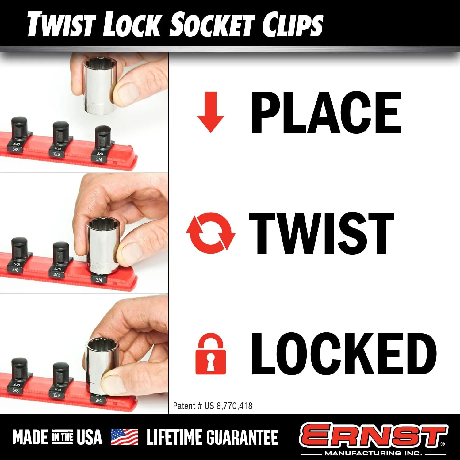 Ernst Manufacturing ERN8442 1/2 Inch Drive Dura-Pro Twist Lock Socket Clips – 15-Pack | Fits on Ernst Rail Socket Organizers | Holds Sockets Securely with Twist-Lock Mechanism | 96 Size Labels Include - Image 4
