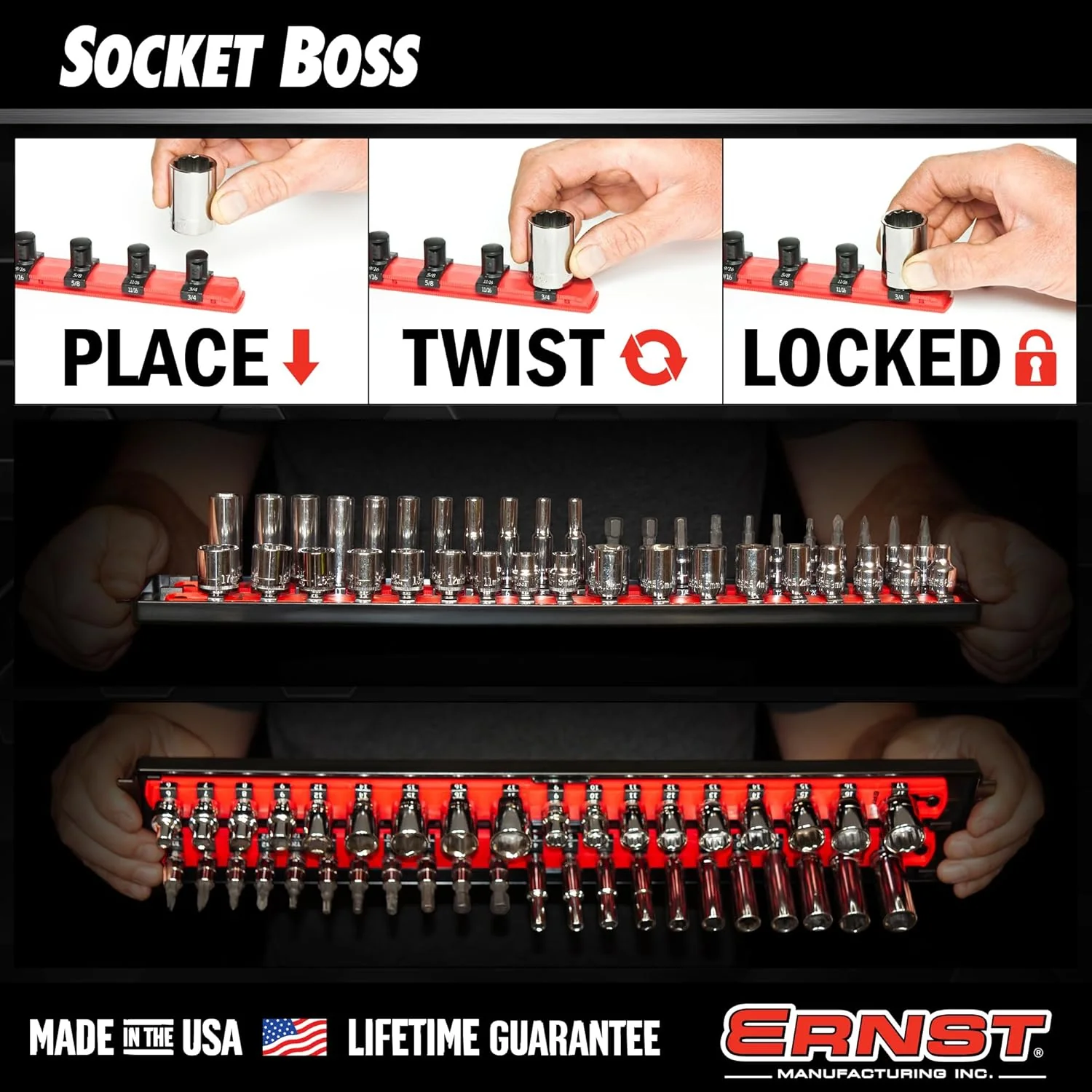 Ernst Manufacturing Socket Organizer Rails - Socket Boss 2-Rail 1/2-Inch-Drive Twist-Lock Socket Holder, 13-Inch, Red (8494) - Made in the USA - Image 7