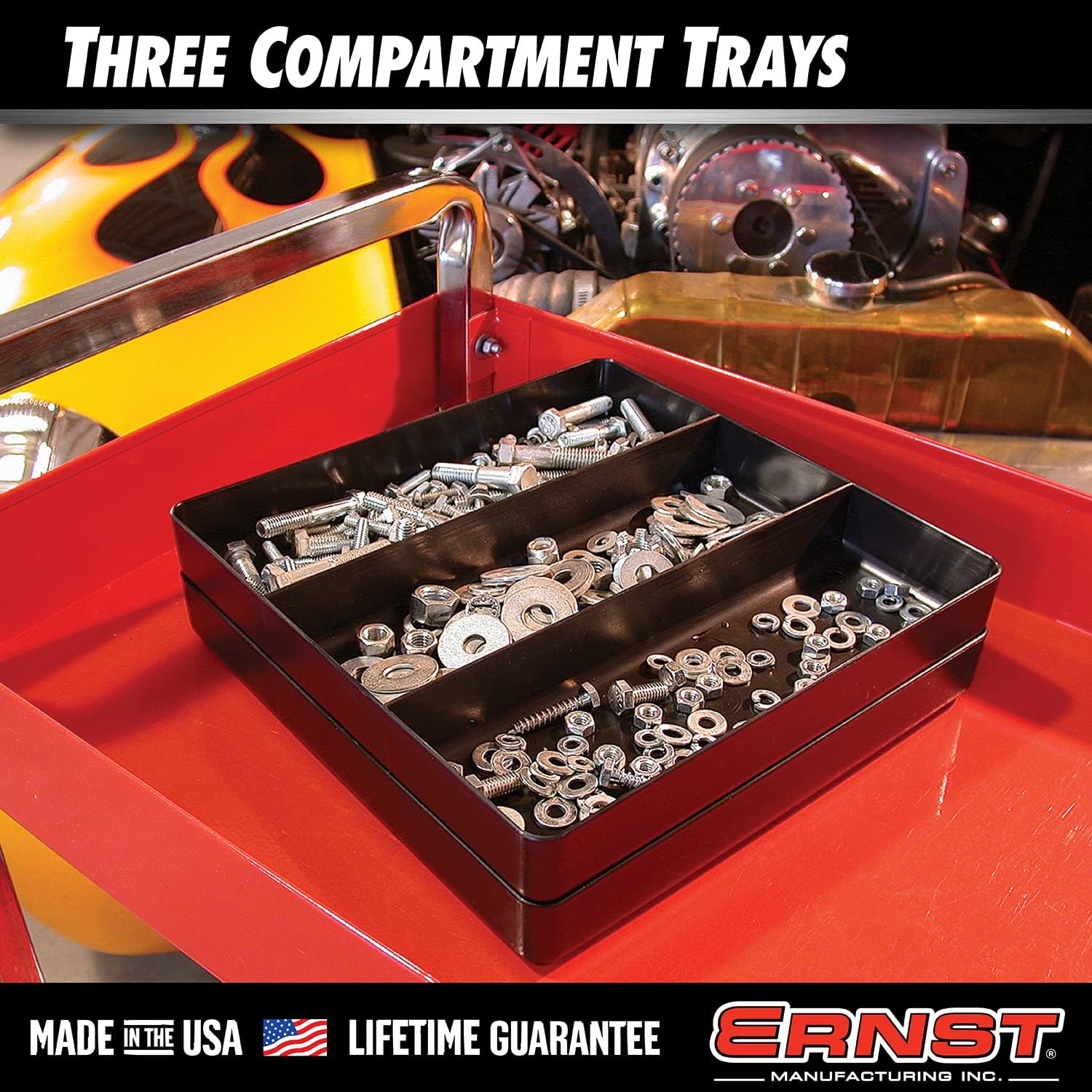 Ernst Manufacturing Toolchest Tray: Stackable Garage Organizer Tray in Blue with 3 Compartments - For Trades, Mechanics, Electricians, Plumbers, Household Use, Hobbies - Heavy Duty - Made in the USA - Image 4