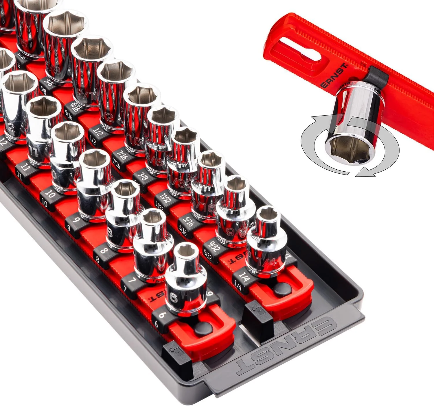 Ernst Mfg. 8493 RD Socket BOSS Tray High-Density System with (2) Red 13" Socket Rail + (28) Twist Lock Clips, 3/8" Drive - Made in USA - Image 2
