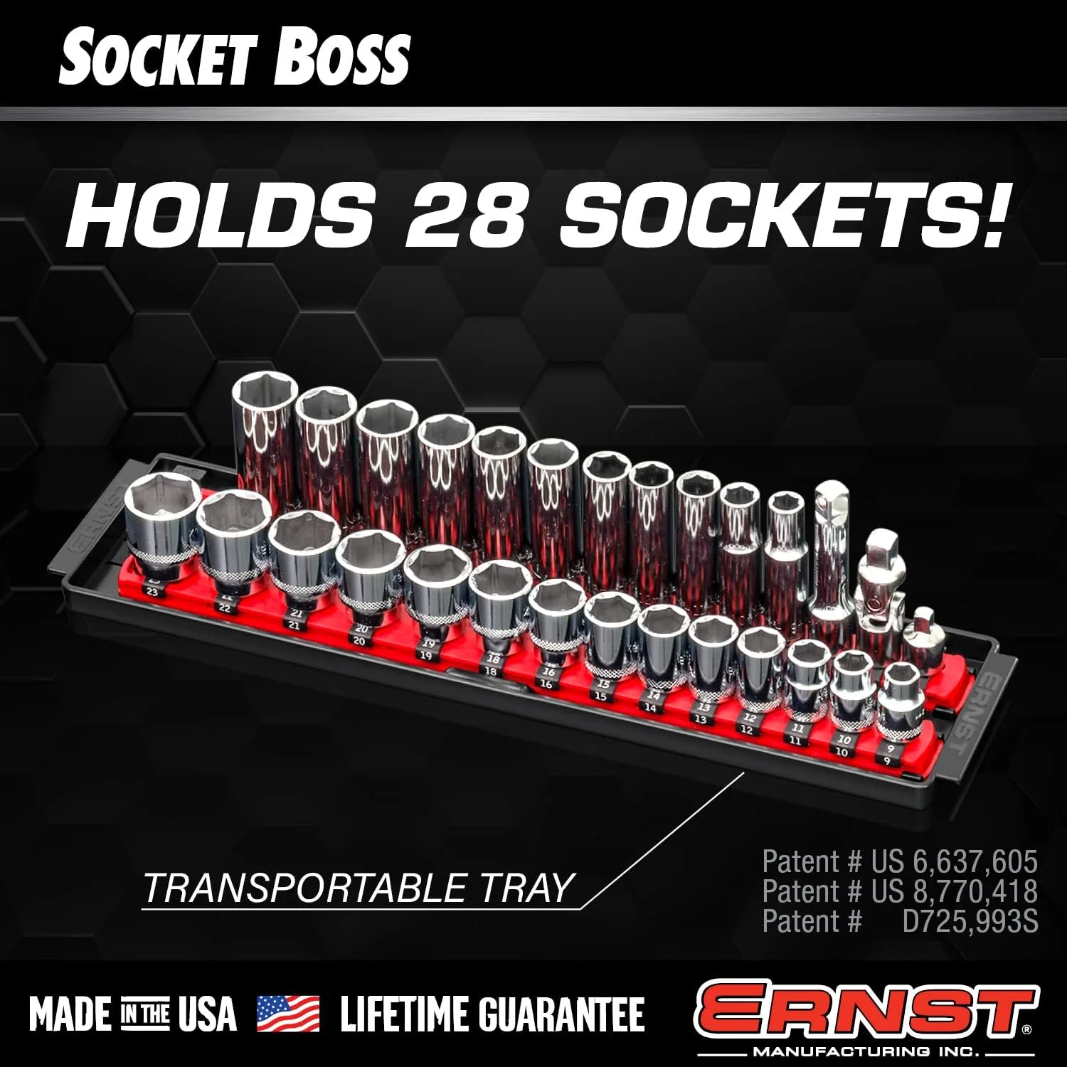 Ernst Mfg. 8493 RD Socket BOSS Tray High-Density System with (2) Red 13" Socket Rail + (28) Twist Lock Clips, 3/8" Drive - Made in USA - Image 5