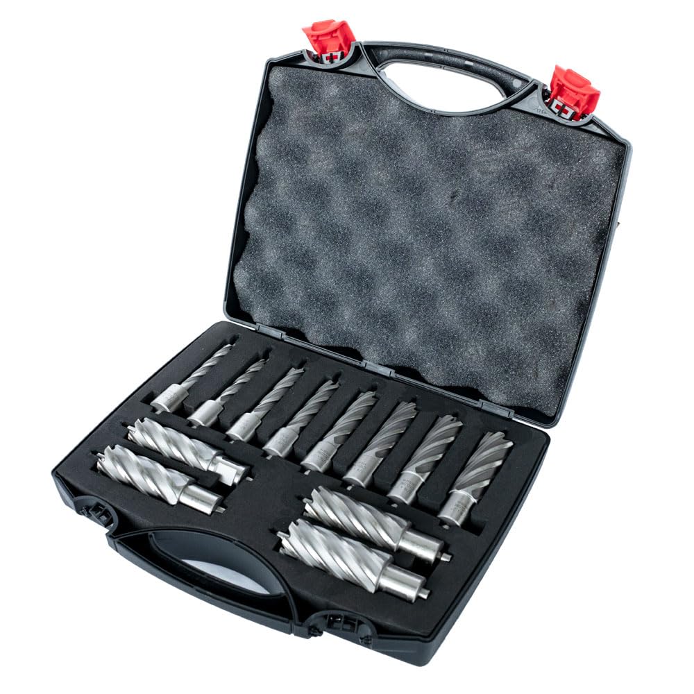 Evolution Power Tools Annular Cutter Kit for Magnetic/Mag Drills, 1 Inch Depth Drill Bit, Mixed Width 7/16 to 1-1/8 Inch, Carry Case Included, Set of 12