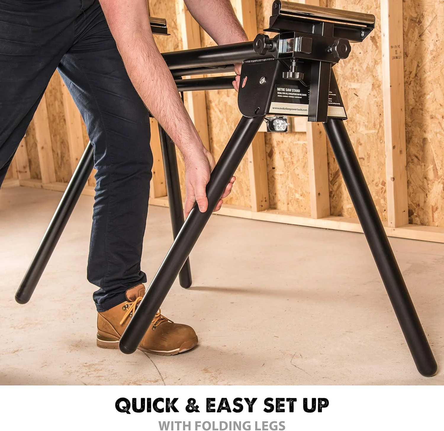Evolution Power Tools EVOMS1 Miter Saw Stand Compact & Folding, Universal Fits Most Brands, Quick Release Mounting Brackets, Rollers, End Stops for Repeat Cutting , Black - Image 5