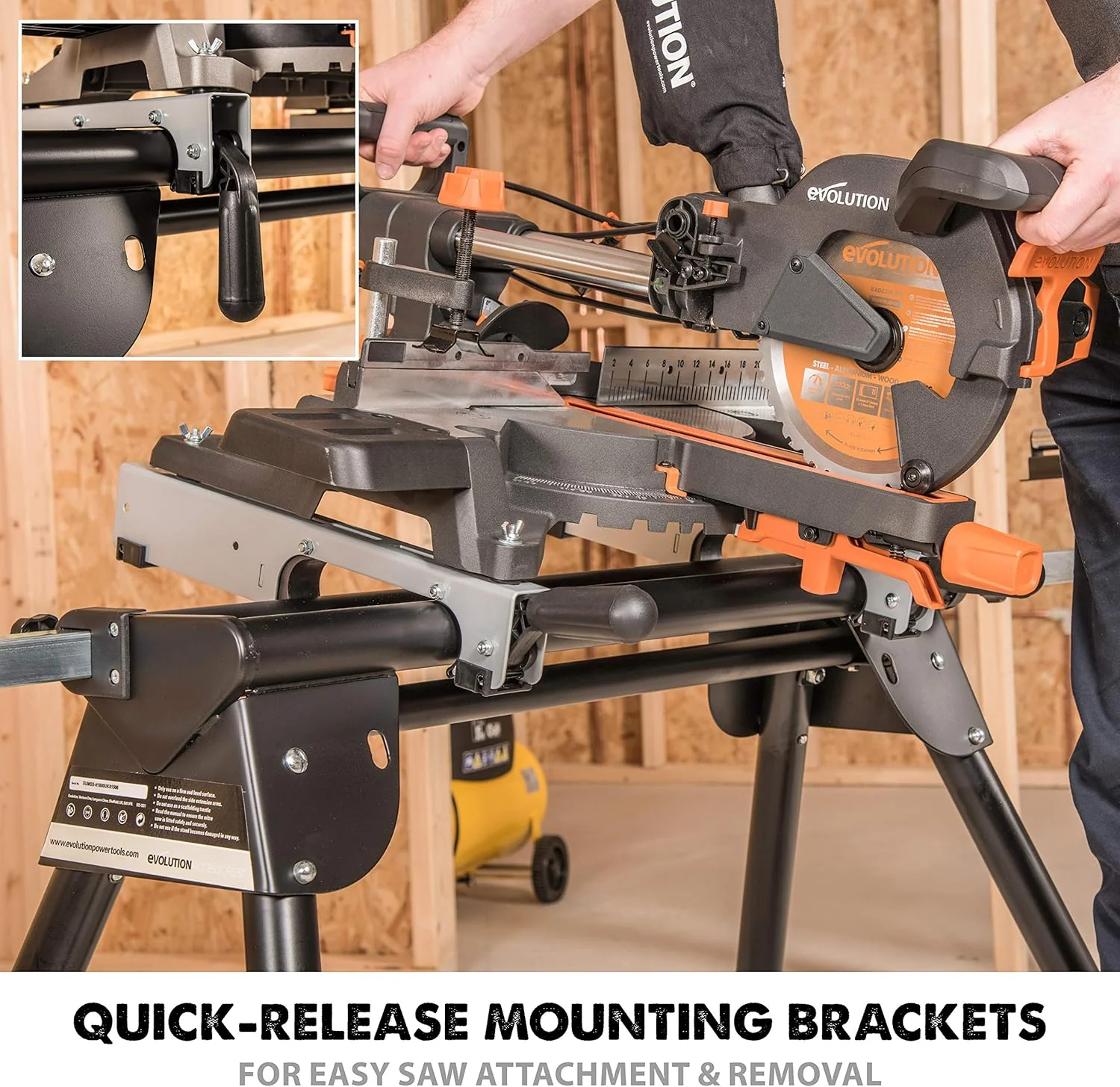 Evolution Power Tools EVOMS1 Miter Saw Stand Compact & Folding, Universal Fits Most Brands, Quick Release Mounting Brackets, Rollers, End Stops for Repeat Cutting , Black - Image 6