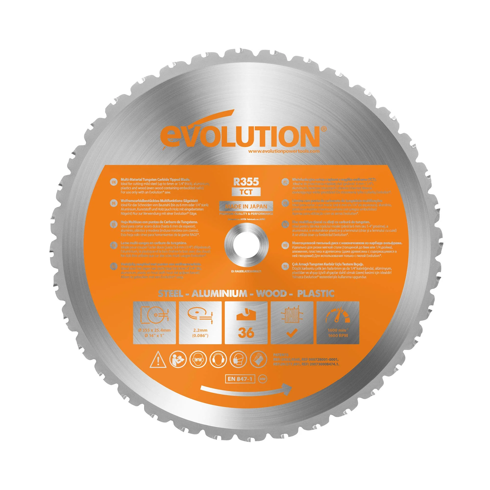 Evolution RAGE355BLADE 14” Multi-Material Blade, Silver, 36-Tooth