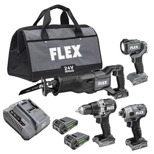 FLEX 24V Brushless Cordless 4-Tool Combo Kit: Drill Driver, Impact Driver, Reciprocating Saw, Work Light with (2) 2.5 Ah Lithium Batteries and 160W Fast Charger