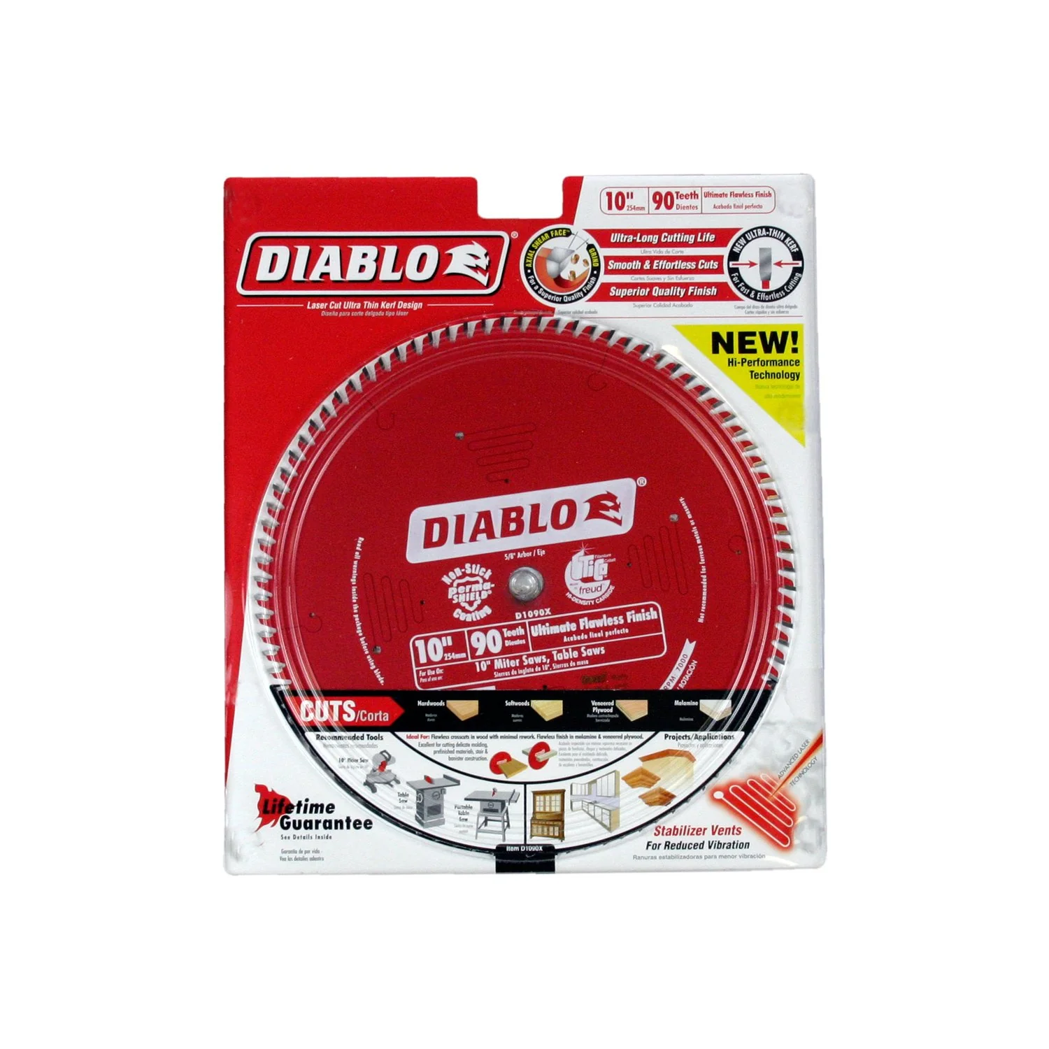 Diablo Ultimate Polished Finish Saw Blade for Wood - 10" Diameter, 90 ASFG Teeth, 5/8" Arbor, .087" Kerf, 10° Hook Angle, .063" Plate, 6000 Max RPM - D1090X - Image 2