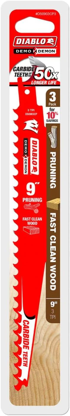 Diablo DS0903CP3 Demo Demon Carbide Tipped Reciprocating Saw Blades for Pruning and Clean Wood, Carbide Tooth Design, 9" Length, 3 TPI (Pack of 3) - Image 2