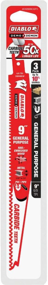Diablo (DS0909CGP3) Demo Demon Carbide Teeth Reciprocating Saw Blades for General Purpose Cuts - 9" Length, 6/9 TPI (Pack of 3) - Image 9