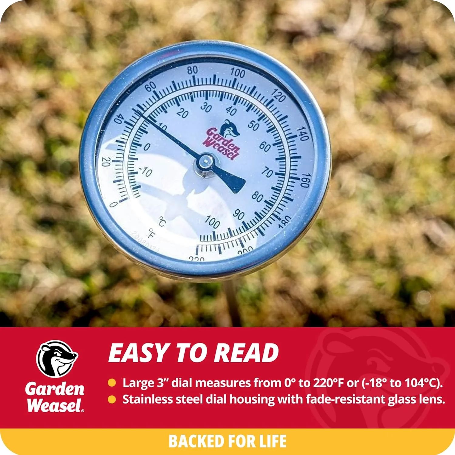 Garden Weasel Analog Soil & Composting Dial Thermometer - 36-Inch Probe | Measures 0 to 220 Degrees Fahrenheit | Soil Temperature, Worm Compost - Image 4