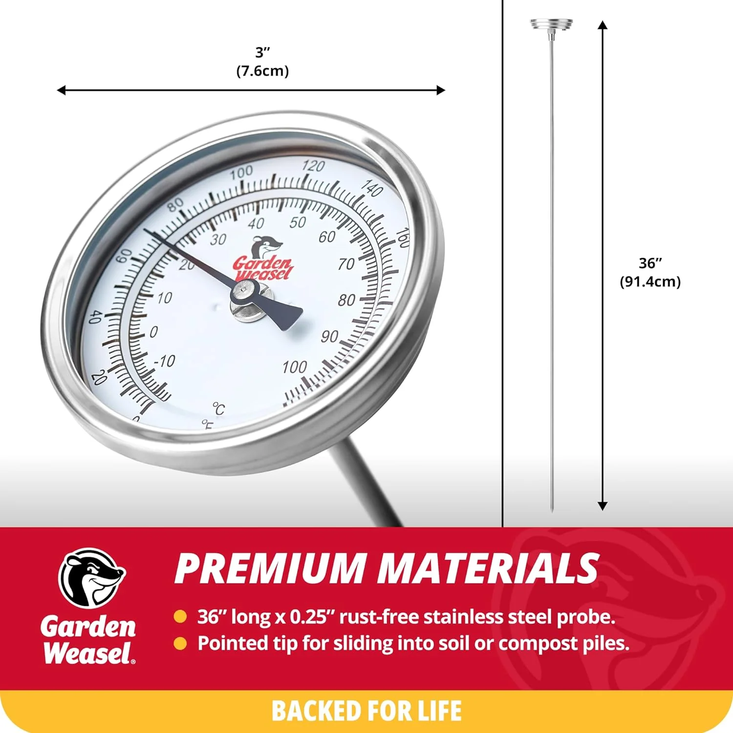 Garden Weasel Analog Soil & Composting Dial Thermometer - 36-Inch Probe | Measures 0 to 220 Degrees Fahrenheit | Soil Temperature, Worm Compost - Image 5