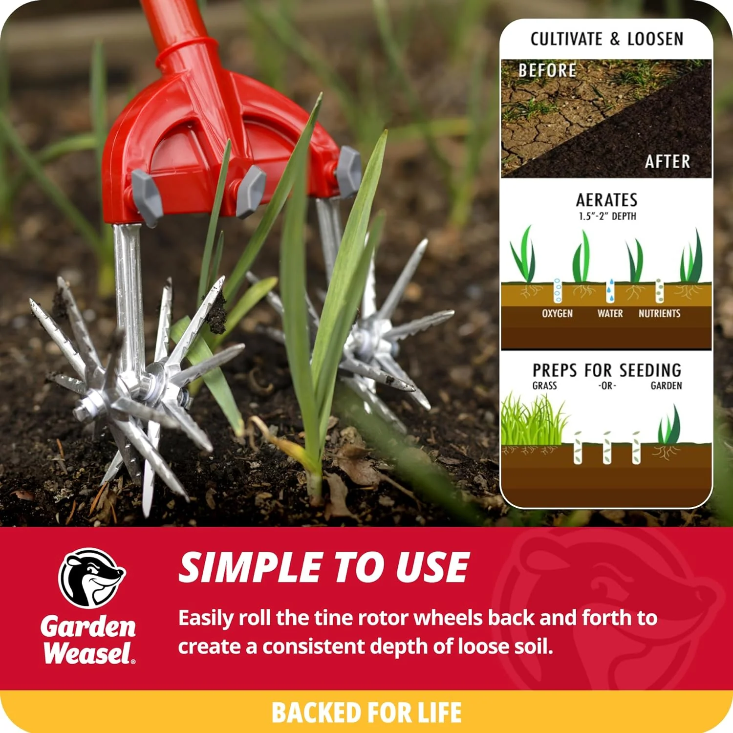 Garden Weasel Rotary Cultivator with Detachable Tines - Long Handle | Aerate, Weed, Cultivate, Plant, Reseed | Lawn Reseeding Garden Tool, Garden Soil Loosener - Image 3