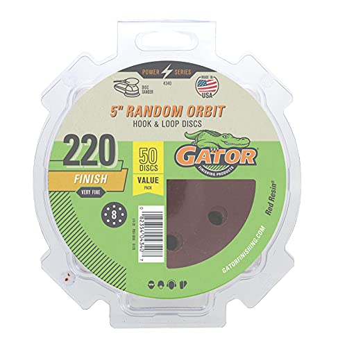 Gator 5" Random Orbit Hook & Loop Red Resin Aluminum Oxide Sanding Discs, 8-Hole, 220 Grit, 50 Pack
