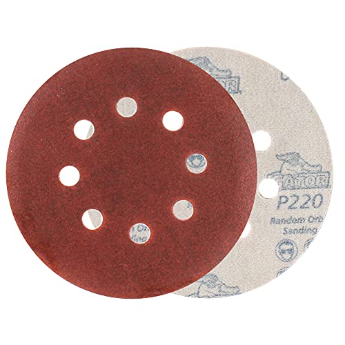 Gator 5" Random Orbit Hook & Loop Red Resin Aluminum Oxide Sanding Discs, 8-Hole, 220 Grit, 50 Pack - Image 3