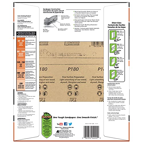 Gator 9" x 11" Bare Wood Sanding Sheets, 180 Grit, 25 Pack