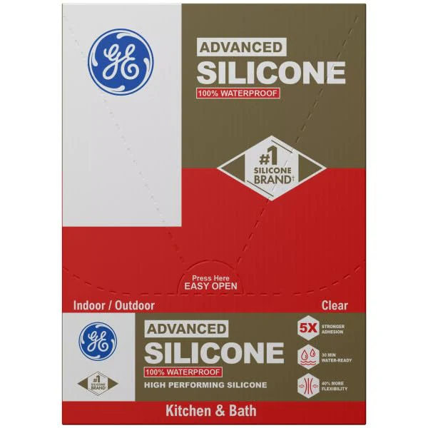 GE Advanced Silicone Caulk for Kitchen & Bathroom, Clear, 2.8 fl oz Tube, 100% Waterproof Silicone Sealant, 5X Stronger Adhesion, Shrink & Crack Proof (Pack of 12) - Image 2
