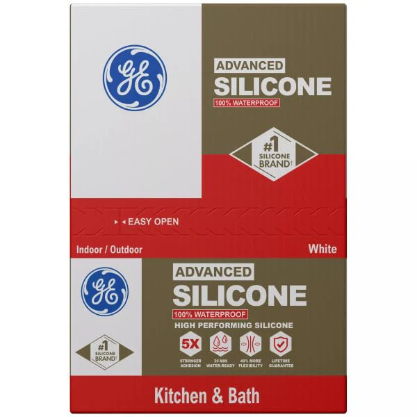 GE Advanced Silicone Caulk for Kitchen & Bathroom, White, 10 fl oz Cartridge - 100% Waterproof Silicone Sealant, 5X Stronger Adhesion, Shrink & Crack Proof (Pack of 12) - Image 2