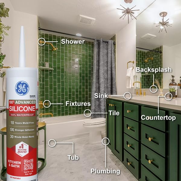 GE Advanced Silicone Caulk for Kitchen & Bathroom, White, 10 fl oz Cartridge - 100% Waterproof Silicone Sealant, 5X Stronger Adhesion, Shrink & Crack Proof (Pack of 12) - Image 7