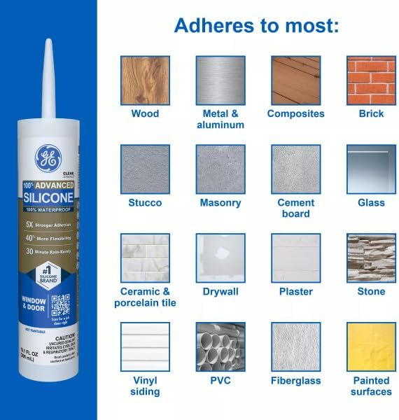 GE Advanced Silicone Caulk for Window & Door, Clear, 10 fl oz Cartridge - 100% Waterproof Silicone Sealant, 5X Stronger Adhesion, Shrink & Crack Proof (Pack of 12) - Image 5
